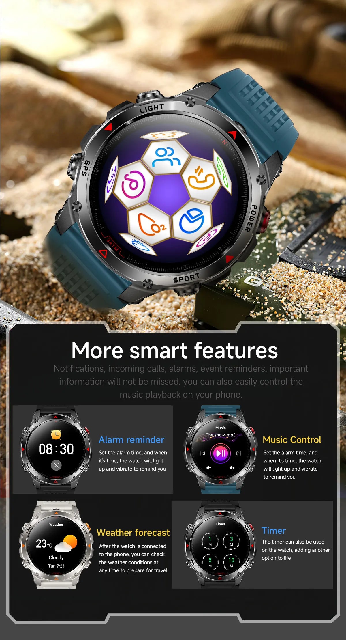2025 New Military Bluetooth Call Smart Watch Built-in GPS Compass Barometric Altimeter 3ATM Waterproof Sports Smartwatches Men