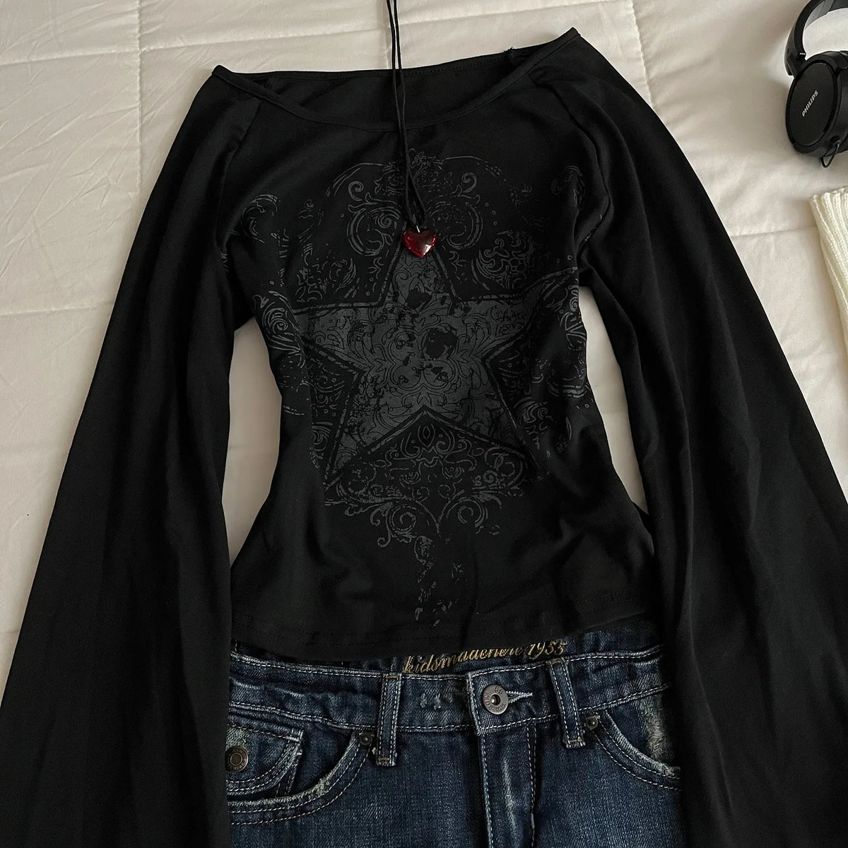 Y2K Grunge Emo Pattern Top Suitable for Autumn E-Girls Millennium Style Women's Aesthetic Gothic Printed Loose Long Sleeve T-shirt