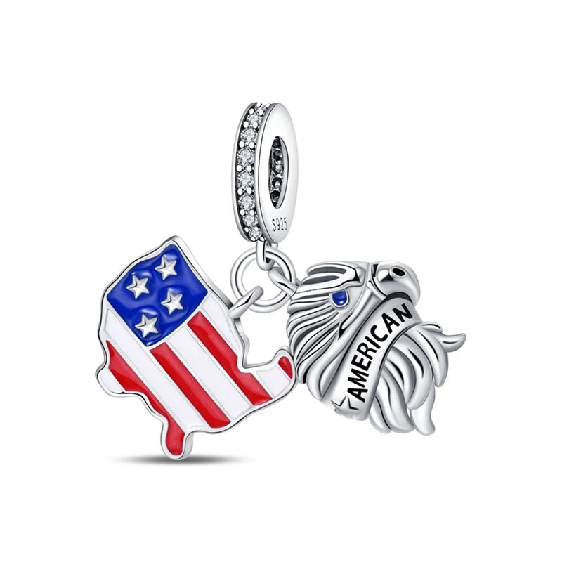 Original 925 Sterling Silver Charms Bead American Flag Independence Day Pendant Fit Original Bracelet For Women DIY Jewelry Gift