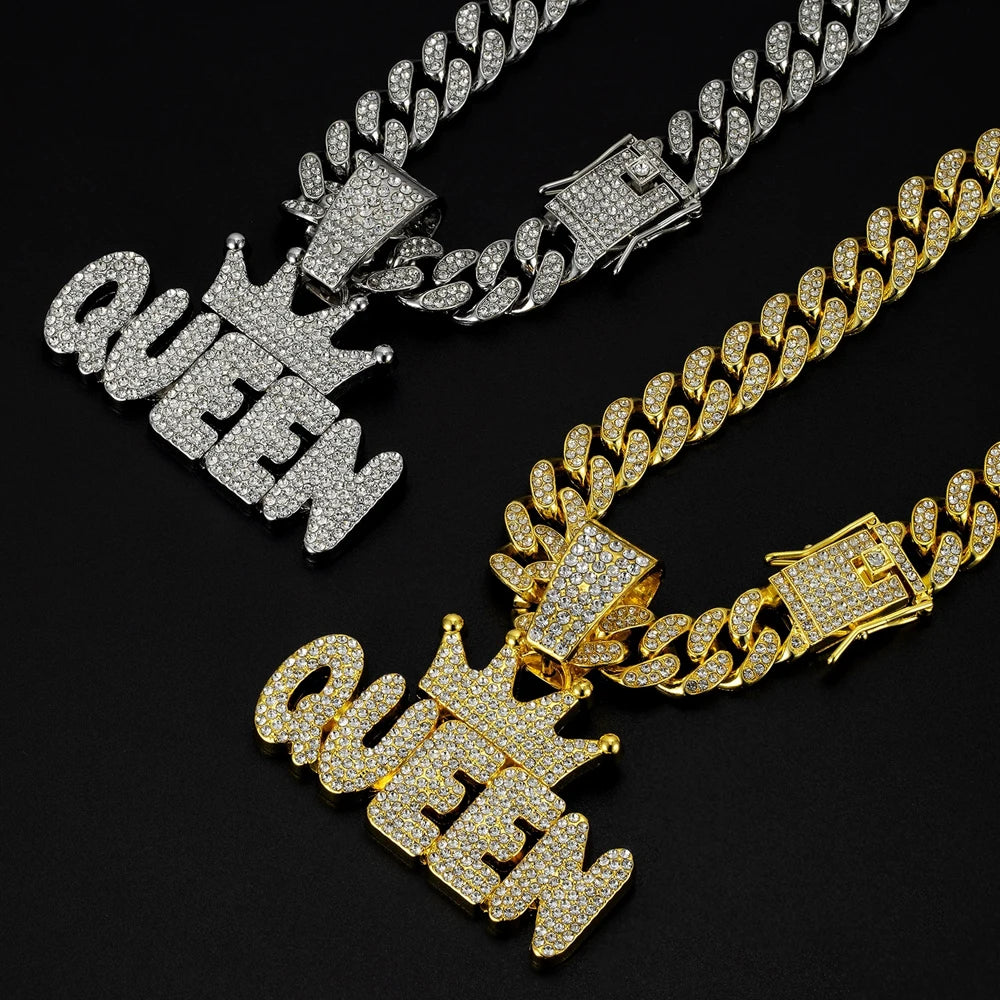 Men's Hip Hop Crown with QUEEN Letter Pendant Necklace For Women Crystal Cuban Chain Iced Out Bling Necklaces Rock Biker Jewelry