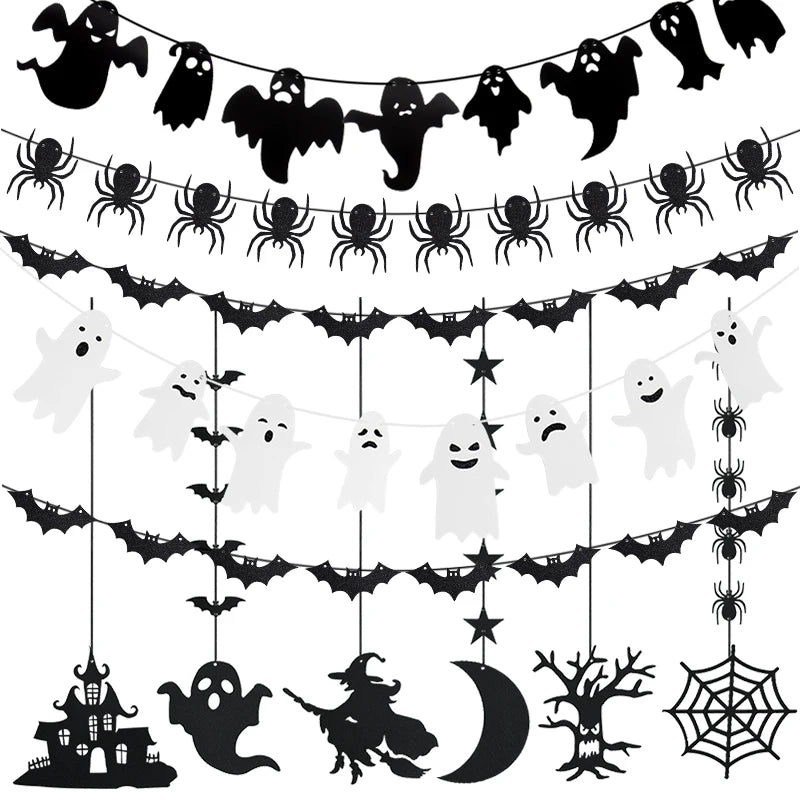 1set Halloween Decoration Banner Bunting Scary Spider Ghost Bat Hanging Garland Pull Flag Pendant For Halloween Party Home Decor