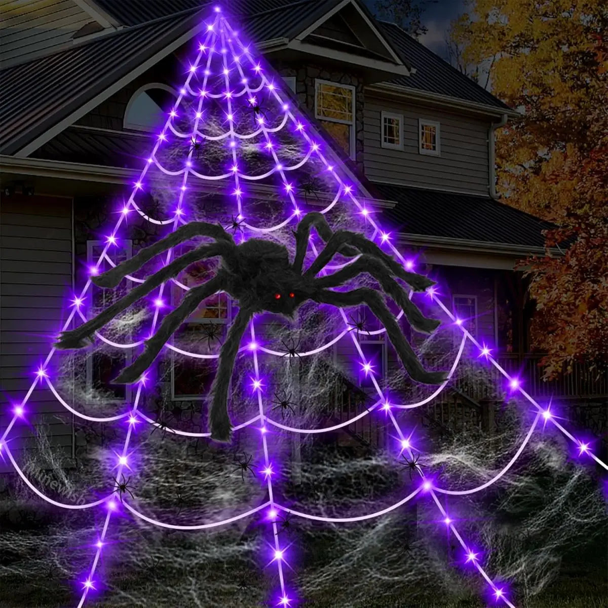 1Set Halloween Giant Triangular LED Spider Web Decor Purple Light Up Cobweb with Large Spider For Outdoor Garden House Decor