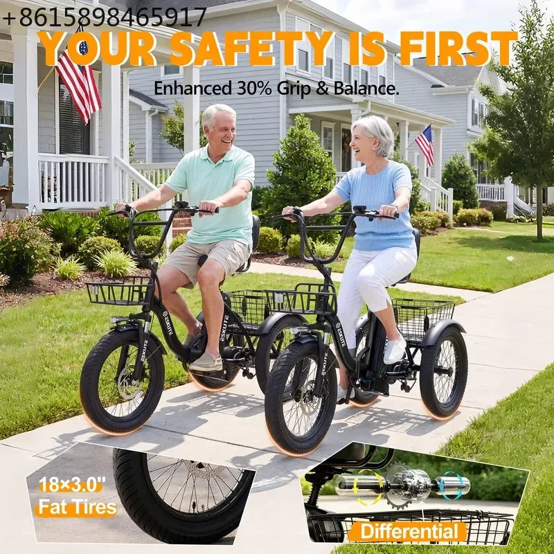 ESKUTE T300 E Trike Electric Bike, Peak 1200W Brushless Motor Folding Trike 18X3.0 Tire Ebike, 624Wh Removable Battery,