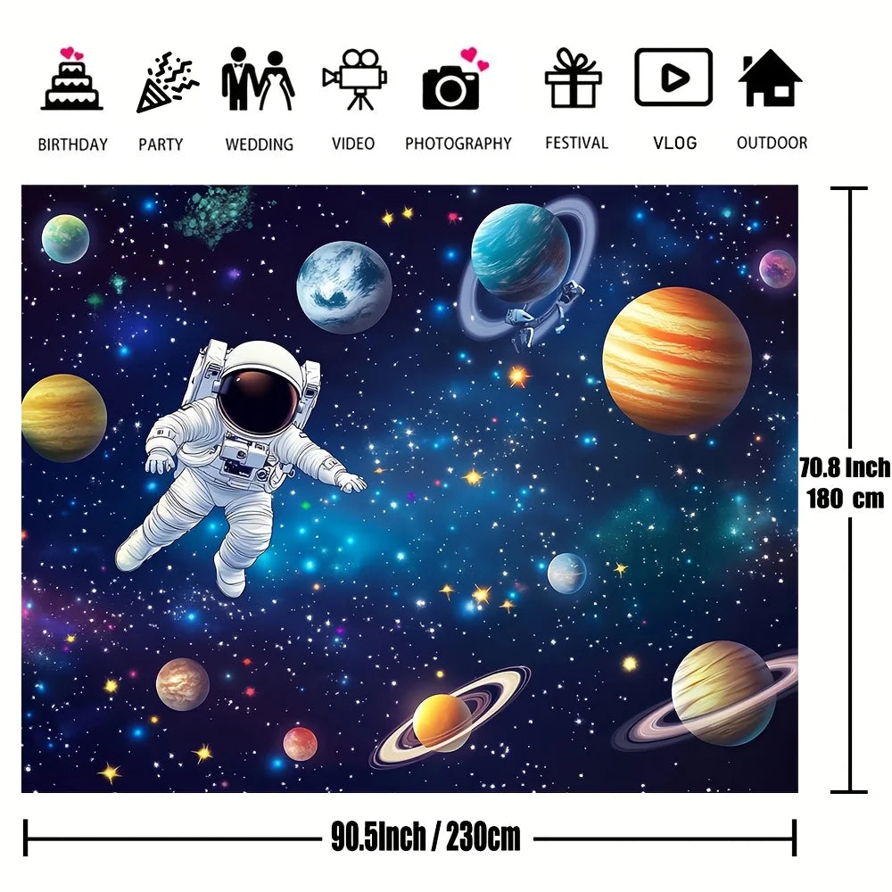 One galaxy space-themed polyester background fabric, designed for outer space and rocket astronauts, for a birthday party