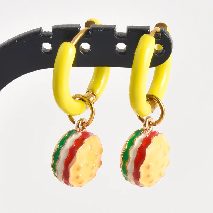 1Pair Dopamine Enamel Sweet Heart  Cute Bee Flower Y2K Girl Aesthetic Aretes Funny Food Cake Gothic Star Hoop Earrings Jewelry