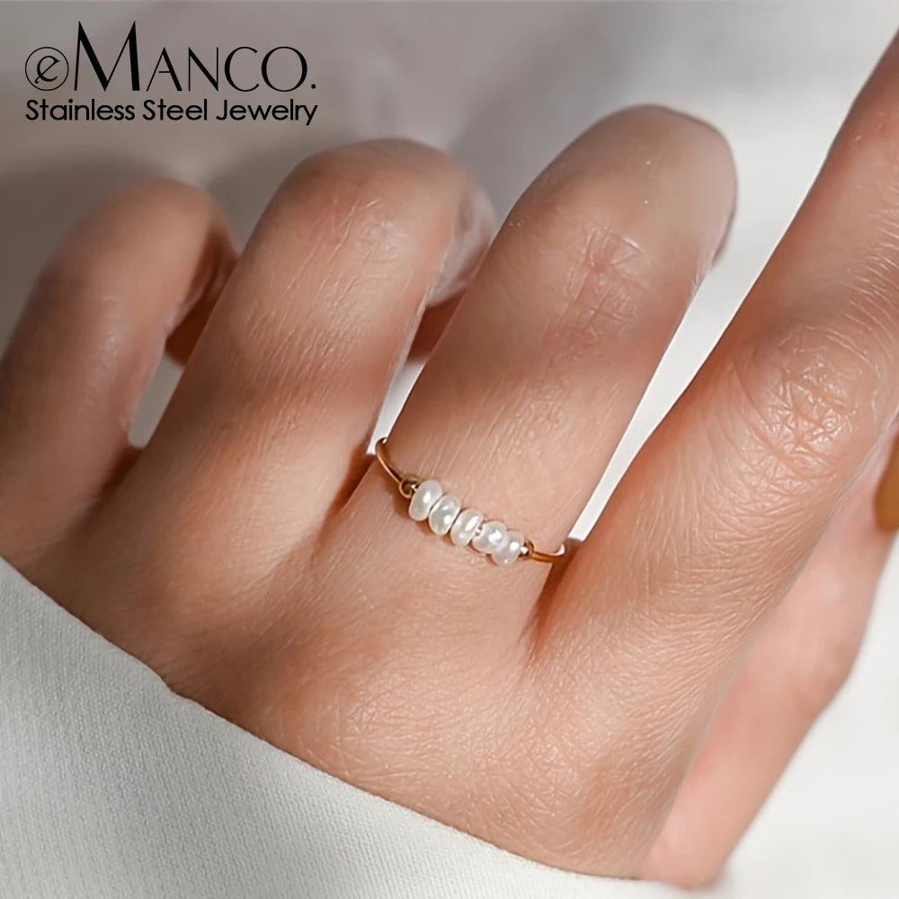 EMANCO Fashion Freshwater Pearls High Quality Stainless Steel Gold-Plated Round Rings Holiday Jewelry Gifts Wholesale
