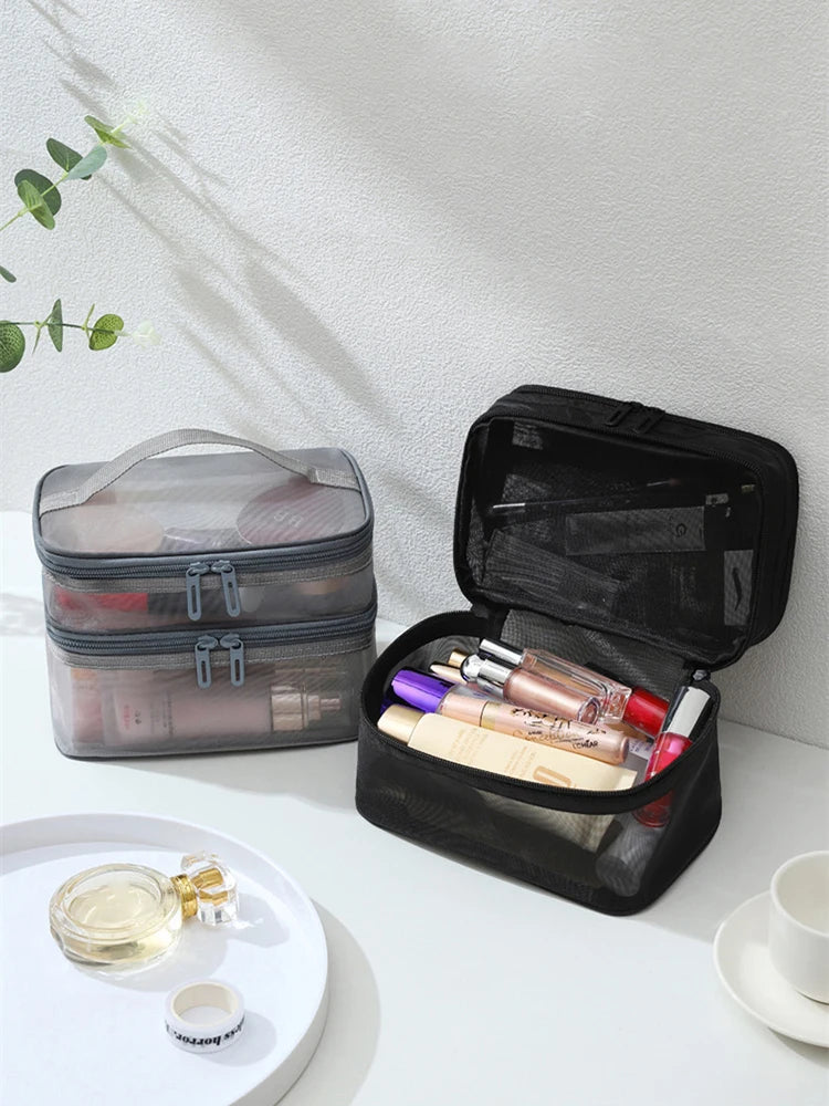 Double Layer Mesh Makeup Bag, Wash Bag, Women's Portable New Large Capacity Storage Bag, Cosmetics Storage Bag