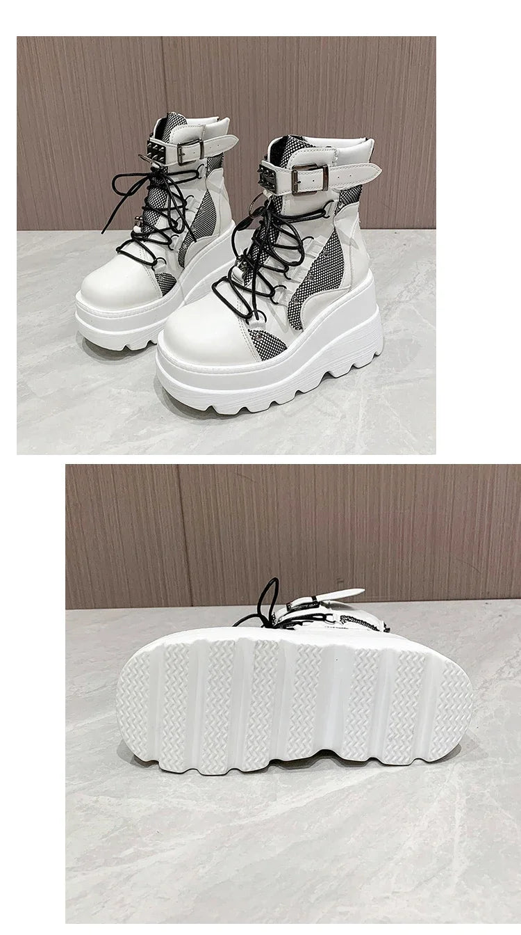 2025 New Design Women Punk Gothic Motorcycle Boots Platform Chunky High Heel Ankle Boot Ladies Cool Wedge Black Female Shoes