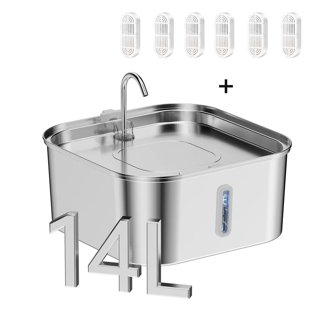 14L Automatic Cat Water Fountain, Cat Fountain with Water Level Window, Stainless Steel Dog Water Feeder, Suitable for Large Pet