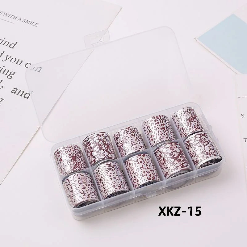 10 Rolls/ Box Charm Nail Foils Polish Stickers Metal Color Starry Paper Transfer Foil Wraps Adhesive Decals Nail Art Decorations