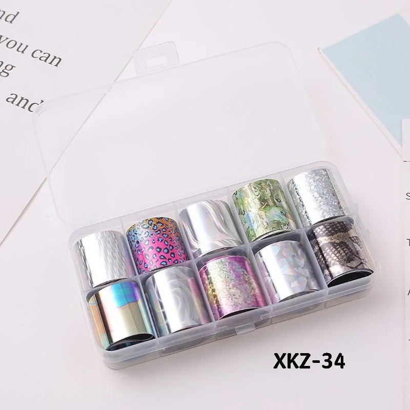 10 Rolls/ Box Charm Nail Foils Polish Stickers Metal Color Starry Paper Transfer Foil Wraps Adhesive Decals Nail Art Decorations