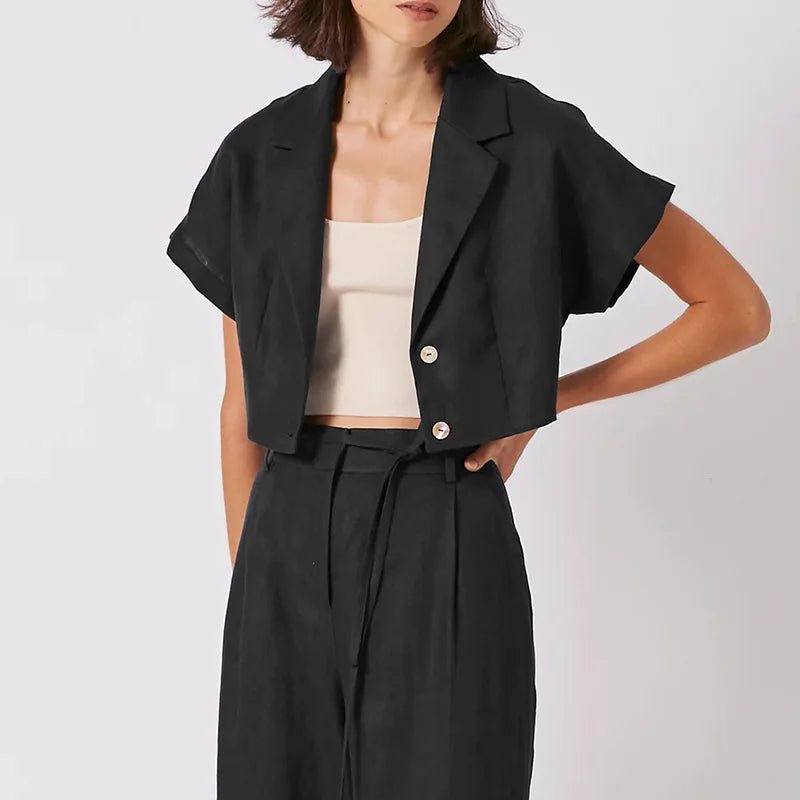 100% Linen Women's Shirt Vintage Notched Collar Short Sleeve Button Up Shirts Elegant Fashion Woman Blouses 2026 Blusas Feminina
