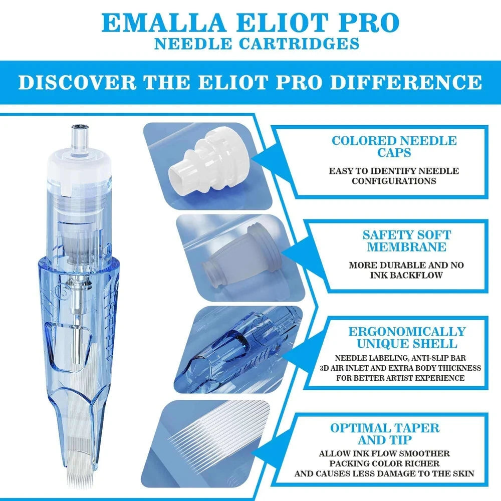 20/10PCS EMALLA Eliot Pro Disposable Tattoo Cartridge Needles RL RS CM MG Safety Tattoo Needles for Professional Tattoo Artists