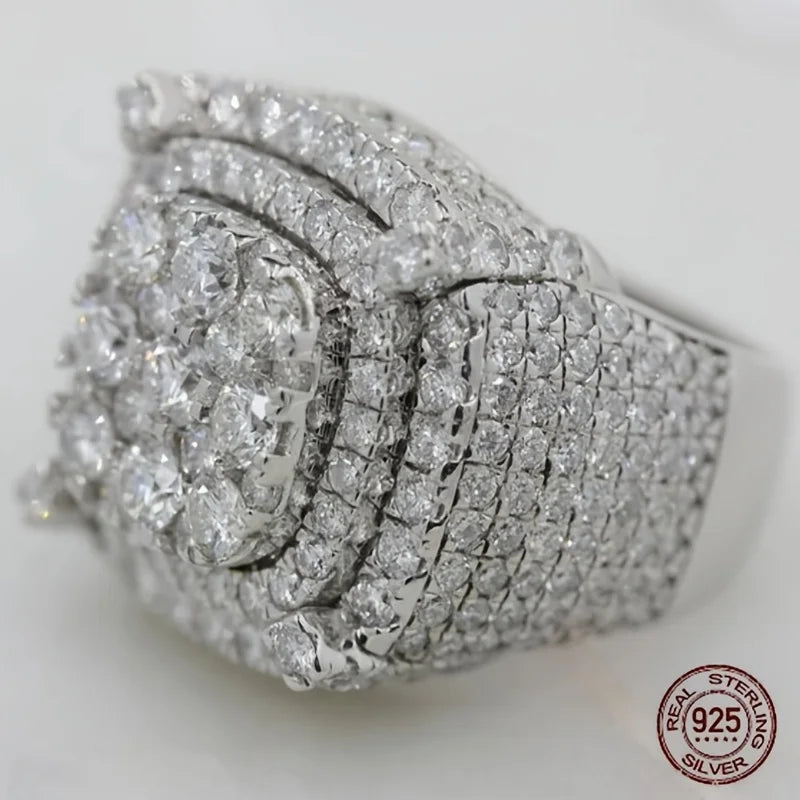 3Ct Men's 925 Sterling Silver Cluster Engagement Ring Luxury Platinum Plated Square Icy Out Hip Hop Rock Rings Jewelry