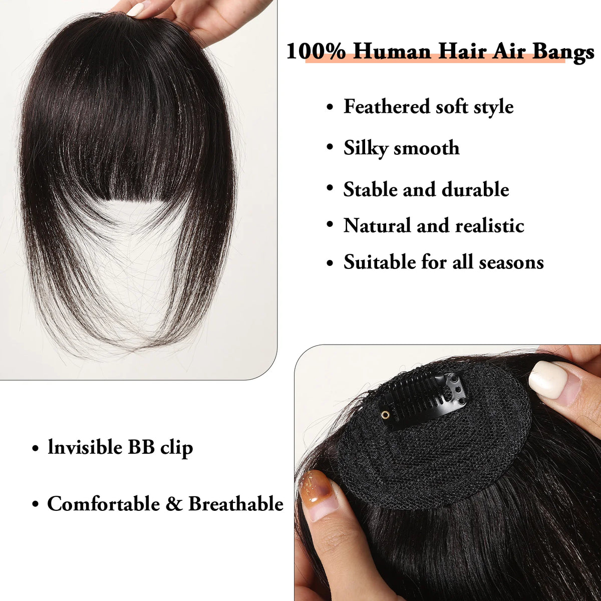 100% Remy Human Hair Fringe Bangs Clips in Natural Black Human Hair 3D Fringe Bangs Hairpieces for Women with Thinning Hair