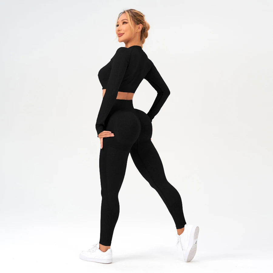 2 pcs/set Long Sleeve Yoga Leggings Set Sportswear Woman Gym Seamless Workout Outfit Yoga Clothes Womens Tracksuit Activewear
