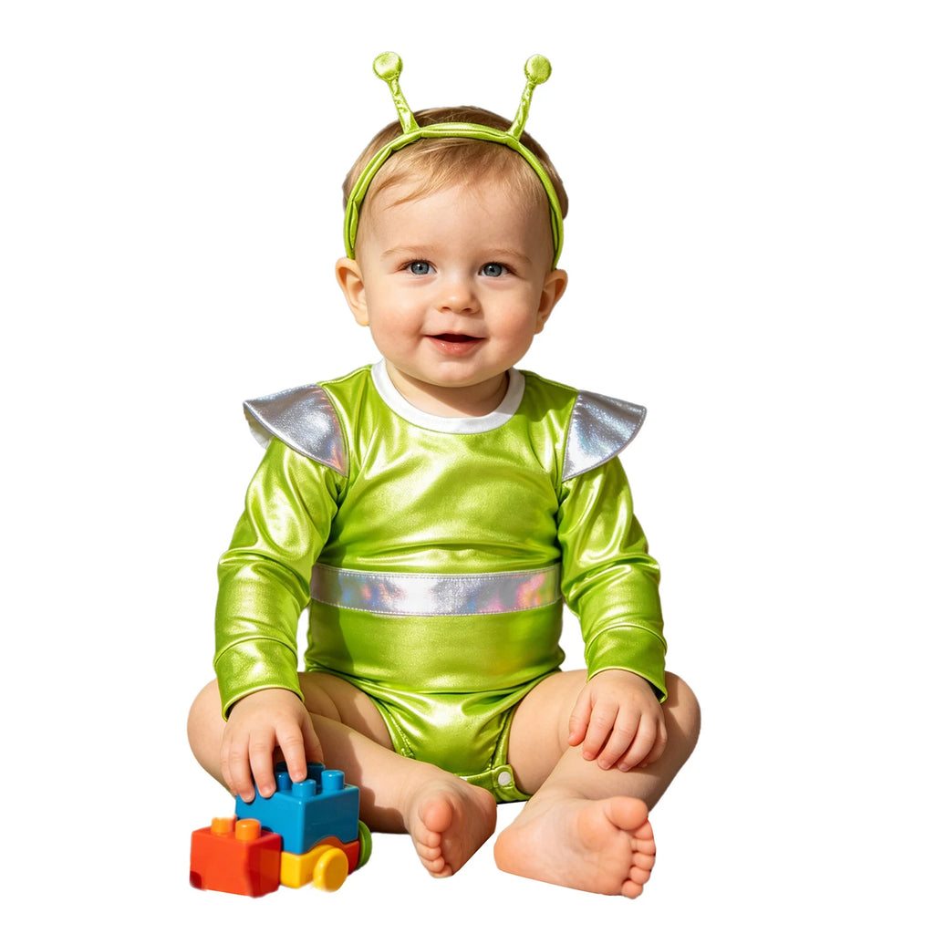 Little Boys Girls Halloween Theme Party Metallic Shiny Alien Rompers Space Robot Astronaut Dress Up Jumpsuit Photography Costume