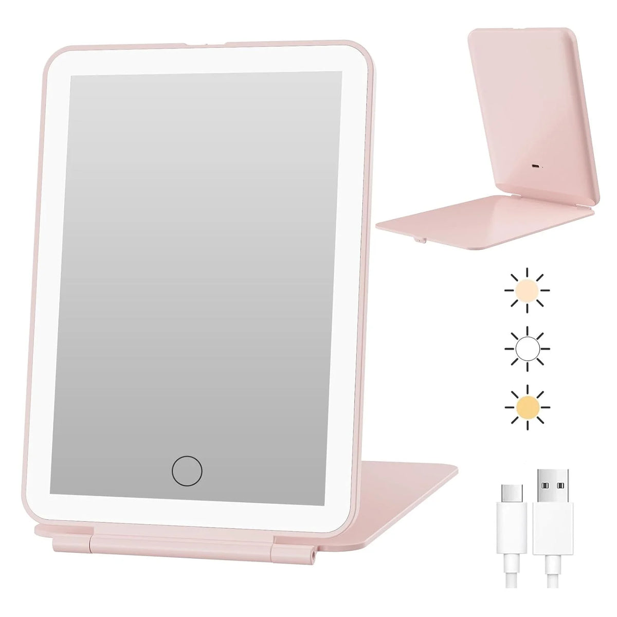 LED Travel Makeup Mirror 3 Colors Light USB Rechargeable Touch Screen Cute Portable Tabletop Cosmetic Mirror Ins PINK Beautiful