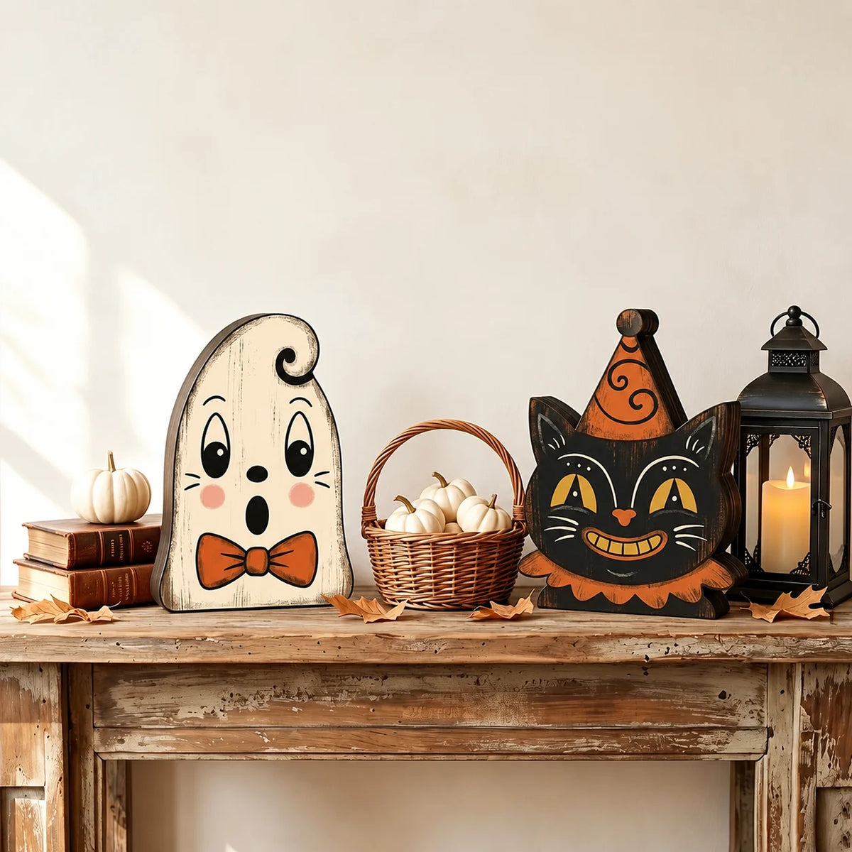 1/6pc Halloween Decor Indoor Retro Wooden Block for Shelf Decoration,Cute Ghost,Pumpkin,Black,Cat,Skeleton,Owl,Housewarming Gift