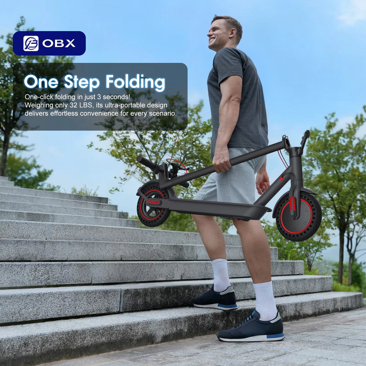 OBX 350W Motor Folding Electric Scooter For Adults 36V 5.2AH Battery Rang 8.5'' Solid Tire 18MPH 15Miles Long Range APP Control