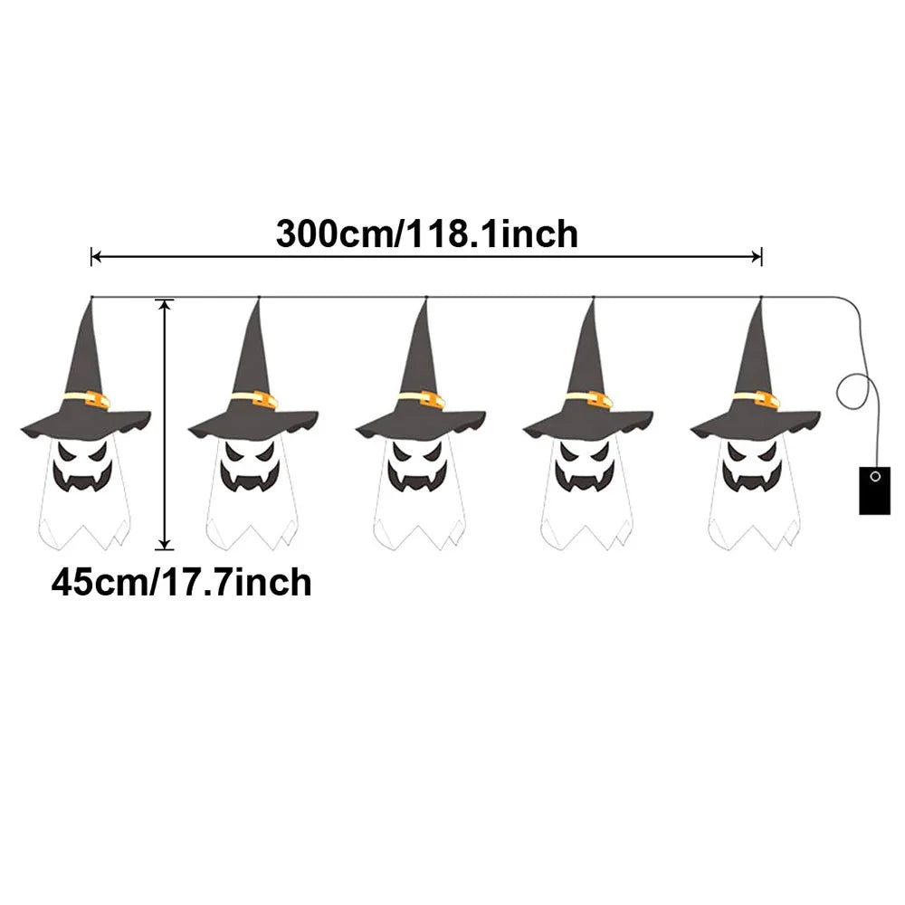Halloween Hanging Ghost Decorations Outdoor, Glowing Ghost with Witch Hat String Lights for Yard Patio Garden Tree Decoration
