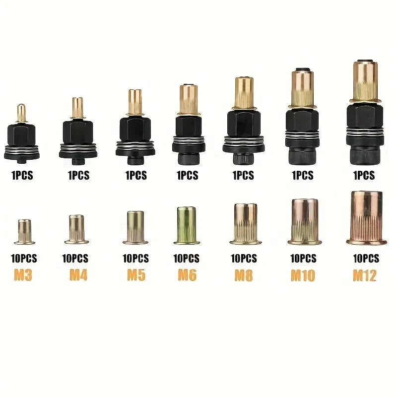 77pcs Manual Riveting Tool Set, 7 Sizes M3-M12 with 70 Rivet Nuts, Heavy-Duty Metal Gun for Automotive, Industrial & Welding