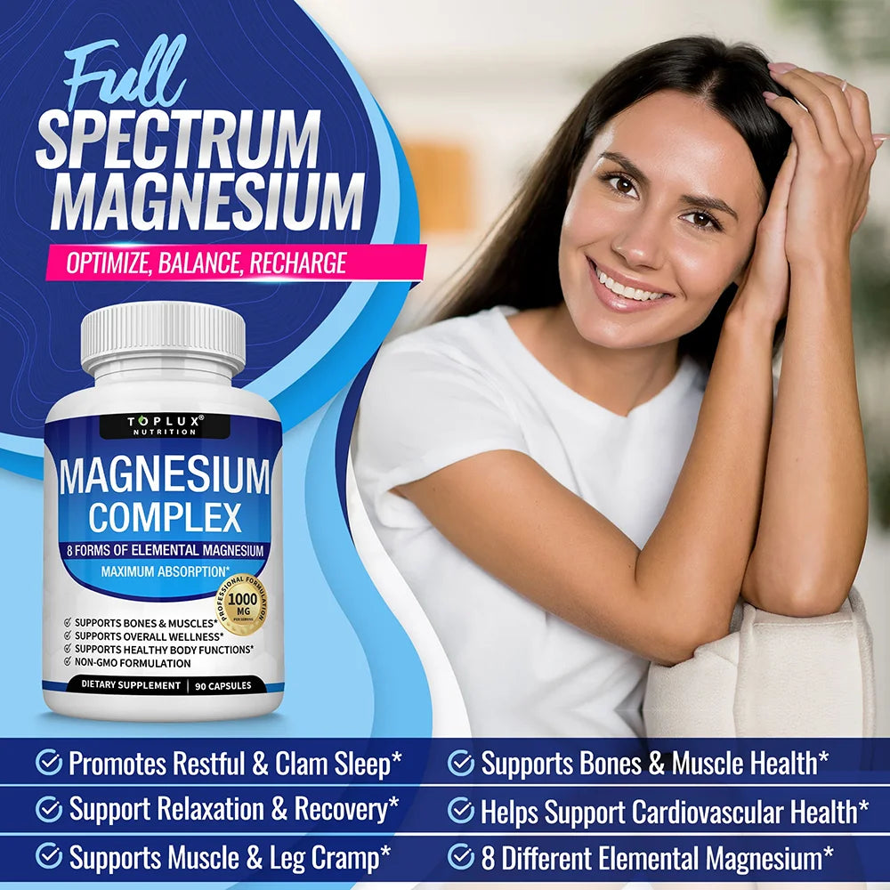 Magnesium Complex 1000MG Supplement - Magnesium Glycinate, Citrate & Malate - Sleep Support, Stress Relief, Muscles & Relaxation