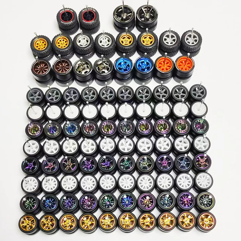 50 Sets 1/64 Wheels Pack with Rubber Tires Axles for 1:64 Matchbox Domeka Hotwheel Diecast Car Model Cars Wholesale