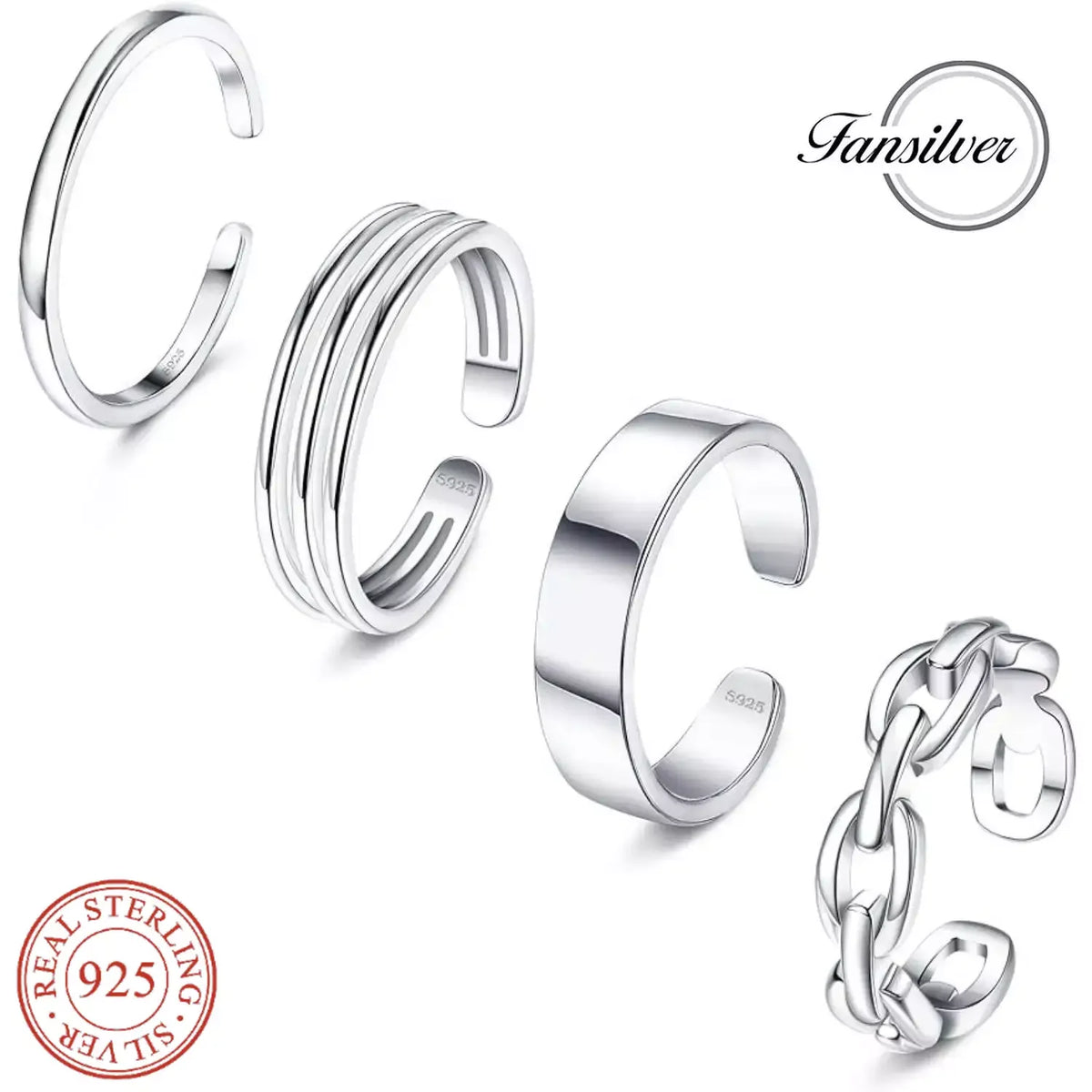 Fansilver 4pcs S925 Sterling Silver Toe Rings for Women Adjustable Triple Band Toe Ring Set Cute Jewelry for Summer Beach
