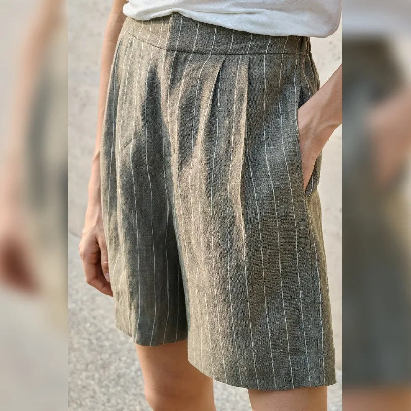 100% Linen Retro Striped Shorts For Women Summer New Loose High Waisted Straight Leg Pants Commuting Casual Girl Shorts