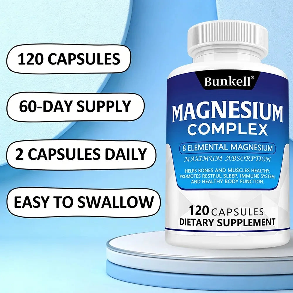Magnesium Complex Supplement 8 Elemental 1000mg - for Bones, Muscle, Recovery, Energy, Vegan Non-GMO 120 Capsules