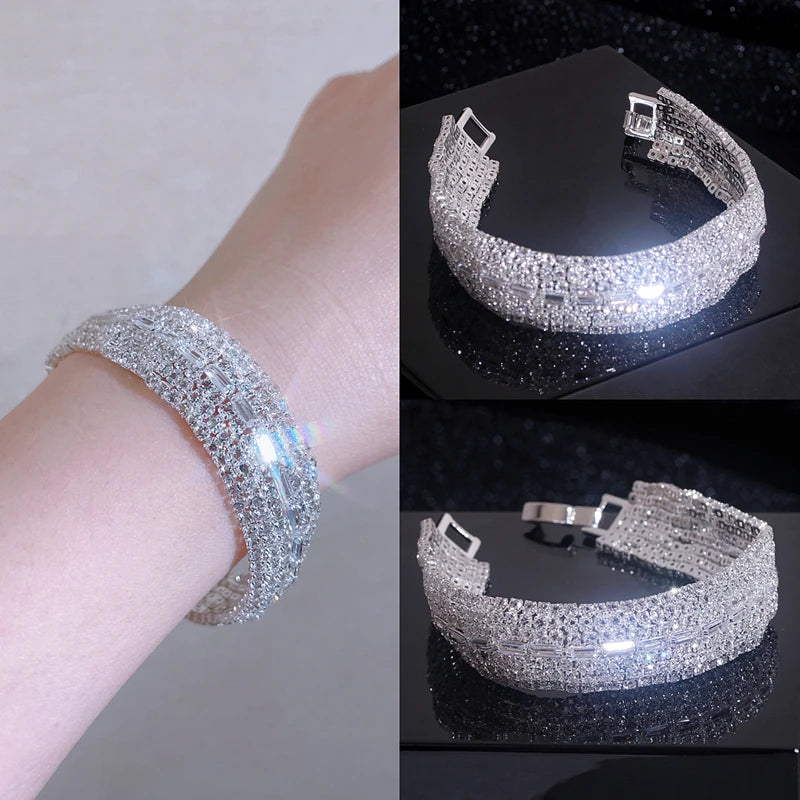 Elegant Shiny Multilayer Rhinestone Bracelets for Women Charm Wide Crystal Bracelet Bangle Bridal Wedding Jewelry Birthday Gift