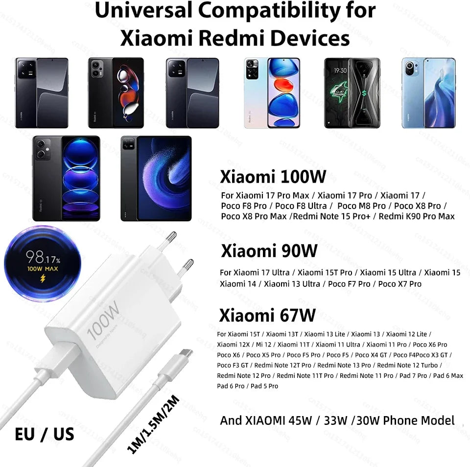 Original 100W Xiaomi Charger Turbo Super Fast Charge EU Adapter Type C Cable For Mi 15 13T 12S Redmi Note 14