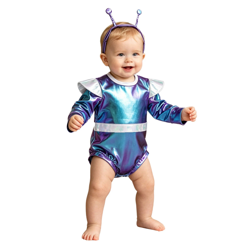 Little Boys Girls Halloween Theme Party Metallic Shiny Alien Rompers Space Robot Astronaut Dress Up Jumpsuit Photography Costume