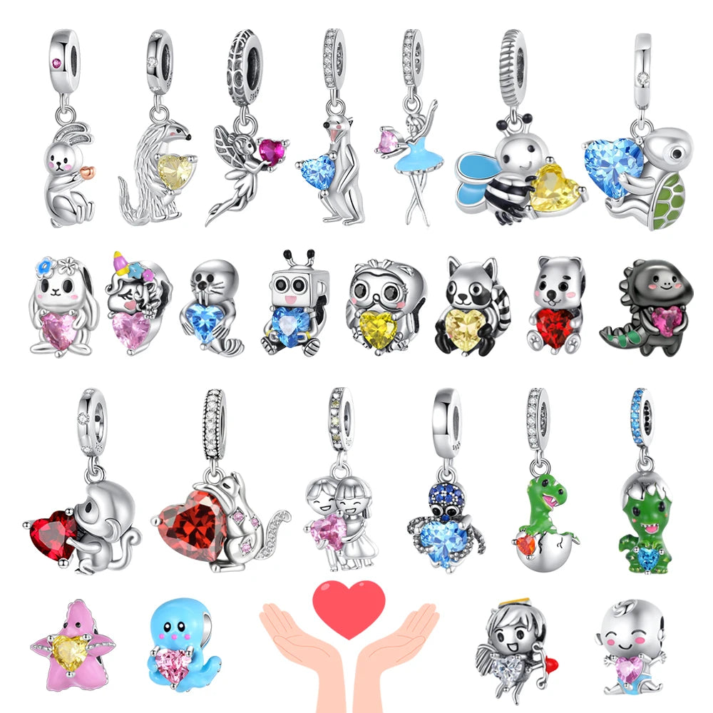 Exquisite 925 Sterling Silver Cute Dinosaur Turtle and Rabbit Couple Heart Charm Fit DIY Bracelet Necklace Casual Matching Gifts