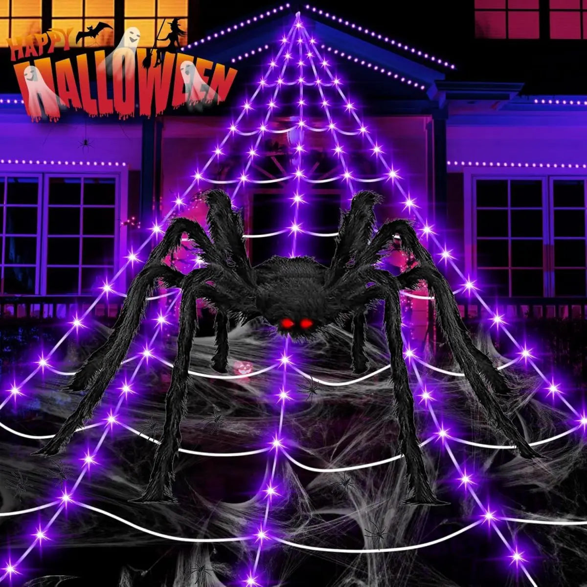 1Set Halloween Giant Triangular LED Spider Web Decor Purple Light Up Cobweb with Large Spider For Outdoor Garden House Decor
