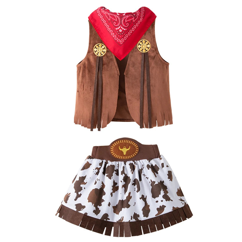 Kids Cowgirl Cosplay Vest Skirt Hat Set Girl Festival Performance Outfit Child Carnival Xmas Halloween Party Masquerade Clothing
