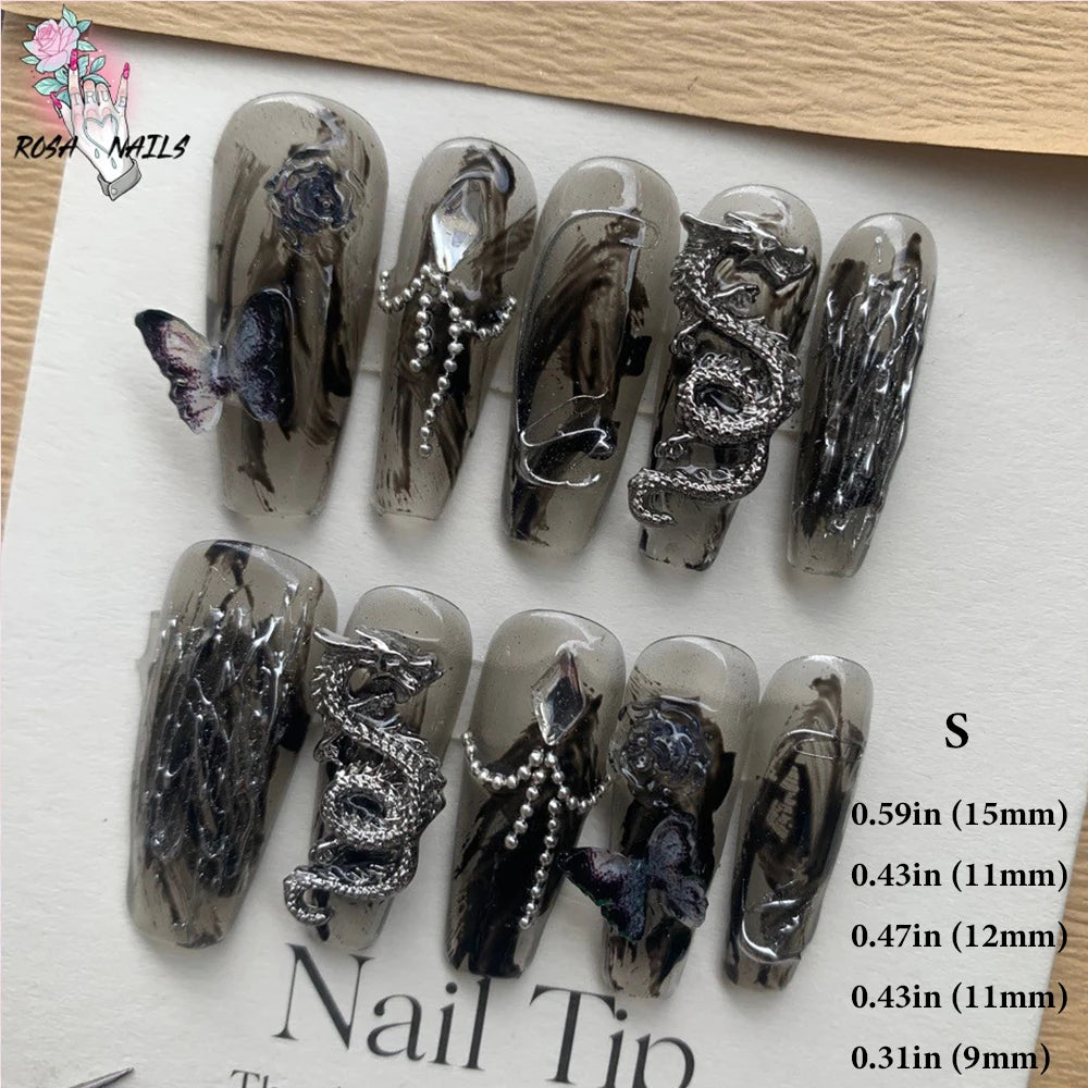Punk Dragon Charms Press on Nail Artificial Long False Nails XS Black Dragons Goth Presson Tips Butterfly Fake Nail y2k Pressons