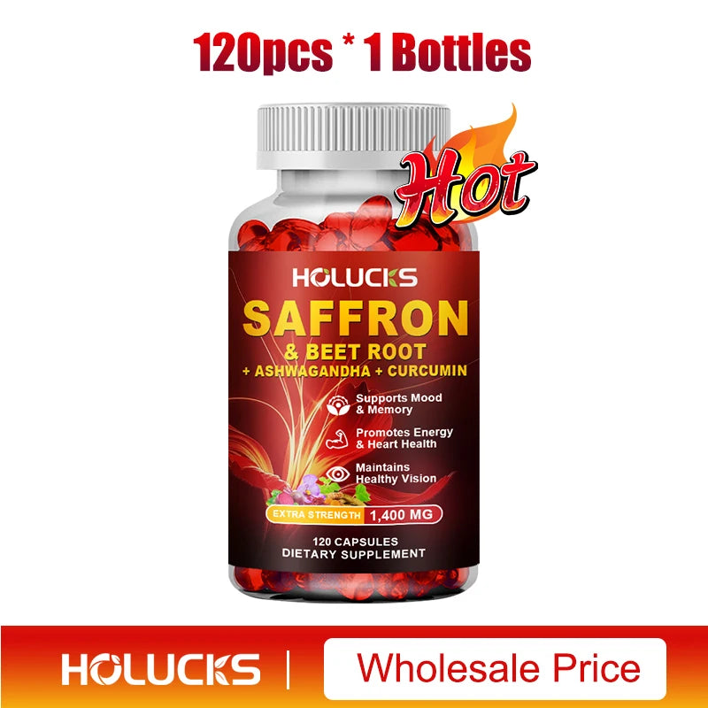 Saffron Extract Supplement, Boost Energy & Mood, for Eye & Heart Health, Focus, Vision Support, with Beet Root & Ashwagandha