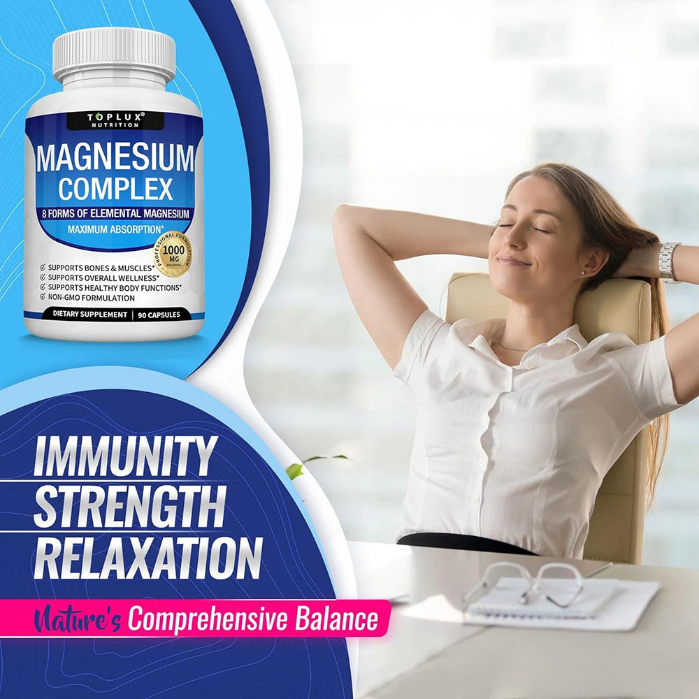 Magnesium Complex Supplement 8 Elemental 1000mg - Magnesium Glycinate, Citrate, Malate, Taurate for Bones, Muscles, Energy
