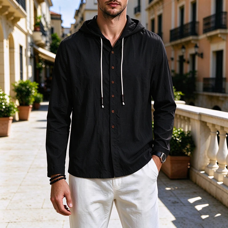 2026 New Men Linen Hooded Long Sleeve Shirt Drawstring Hood Casual Beach Vacation Travel Daily Walking Button Down Blouse