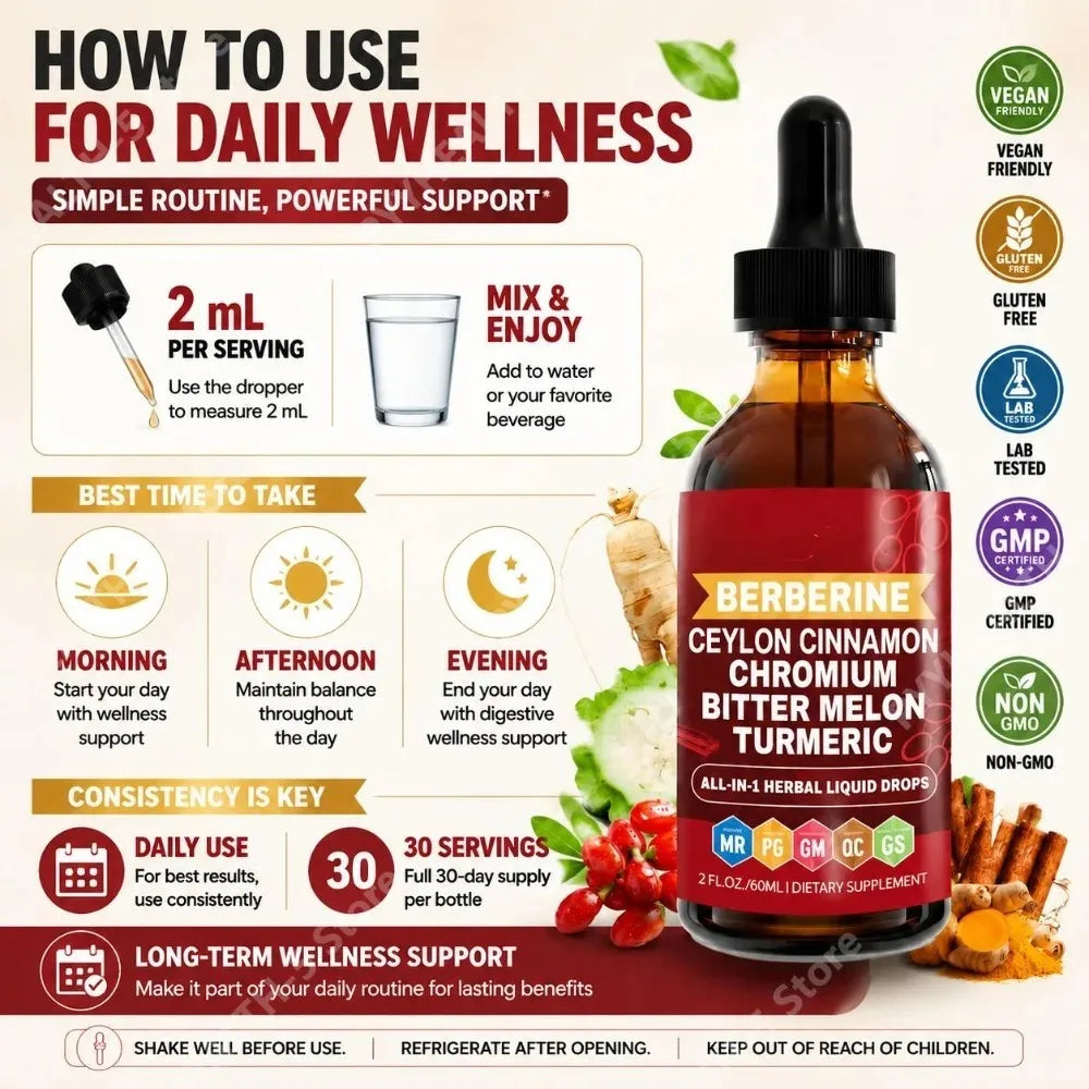 Berberine Ceylon Cinnamon Chromium Liquid Drops with Bitter Melon and Turmeric for Glucose Metabolism Support, 30 Servings