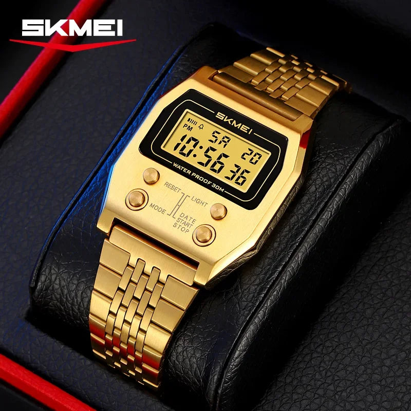 SKMEI 2460 Electronic Waterproof Digital Mens Wristwatches Stainless Steel Sport Luxury Retro LED Watch for Men Reloj Hombre