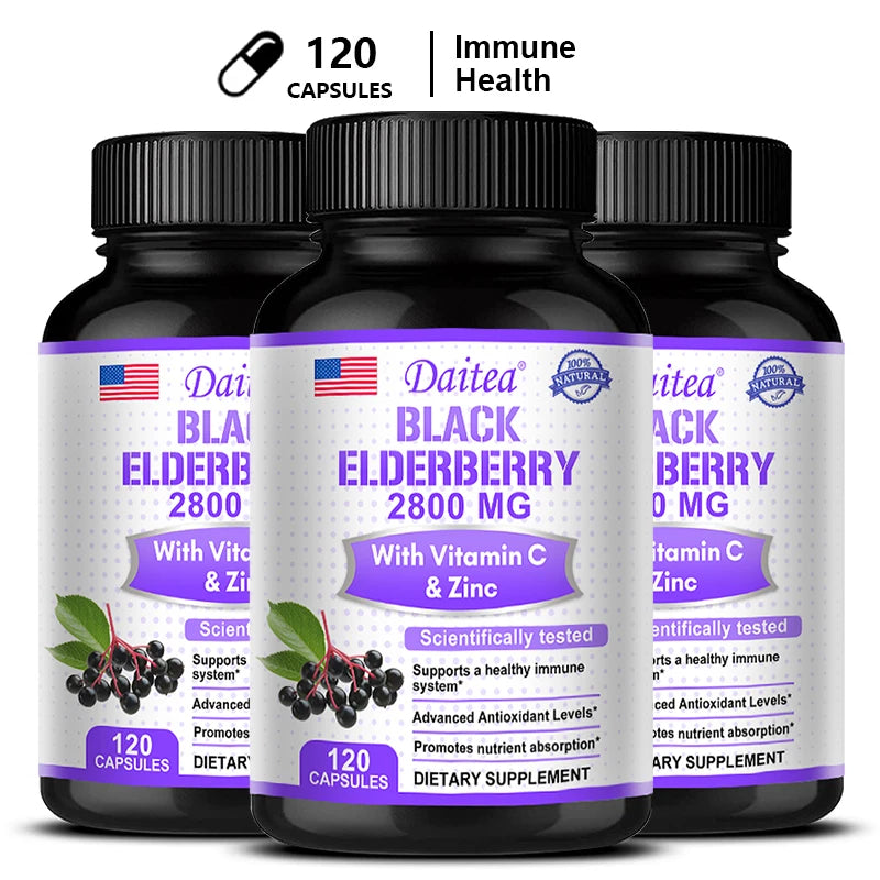 Black Elderberry Capsules 2000mg with Vitamin C, Milk Thistle, Antioxidants, Immune System Support, Energy Boost, Non-GMO