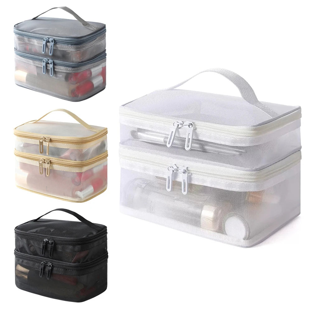 Double Layer Mesh Makeup Bag, Wash Bag, Women's Portable New Large Capacity Storage Bag, Cosmetics Storage Bag