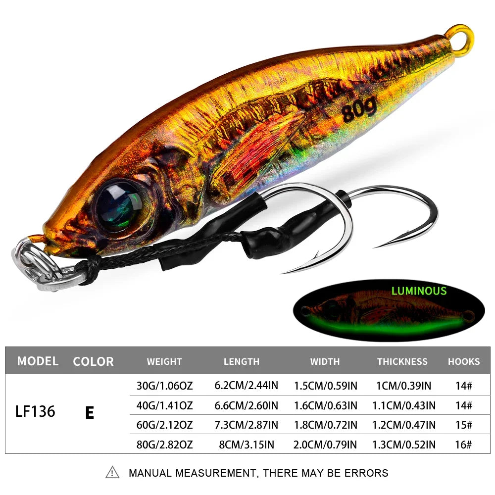 PROBEROS 5pcs Luminous Metal Jig Lure 30g 40g 60g 80g 3D Eyes Fishing Lures Bionic Bait Jerkbait Bass Pike Wobblers Swimbait