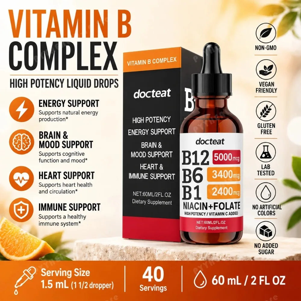 Docteat B Complex Drops 60ml High Potency B12 5000mcg Methylcobalamin Energy Brain Mood Heart Immune Support Non GMO Vegan