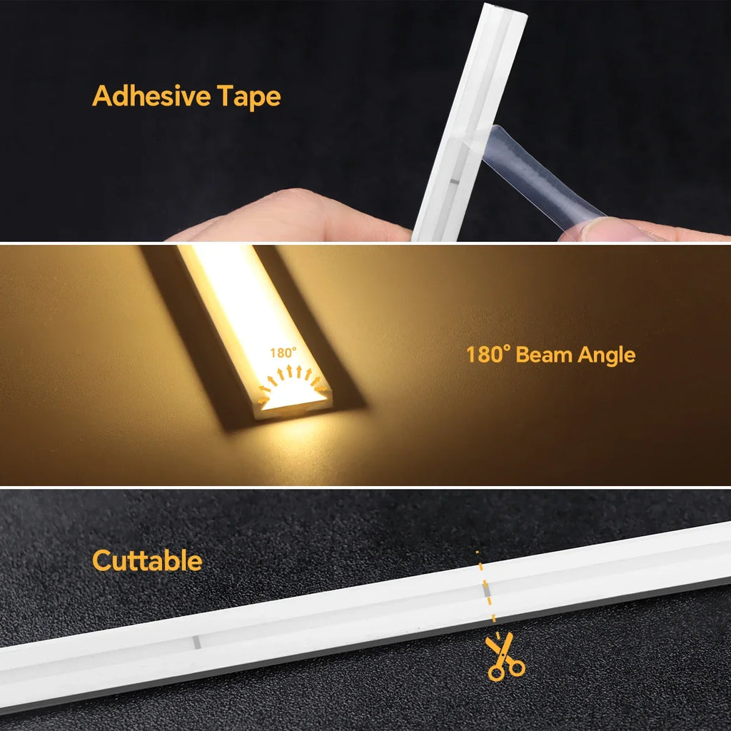 Motion Sensor Neon COB LED Strip Light Solid Silicone 24V Cuttable Light Strip Delay Time Adjustable 20-350s for Stairs Hallway