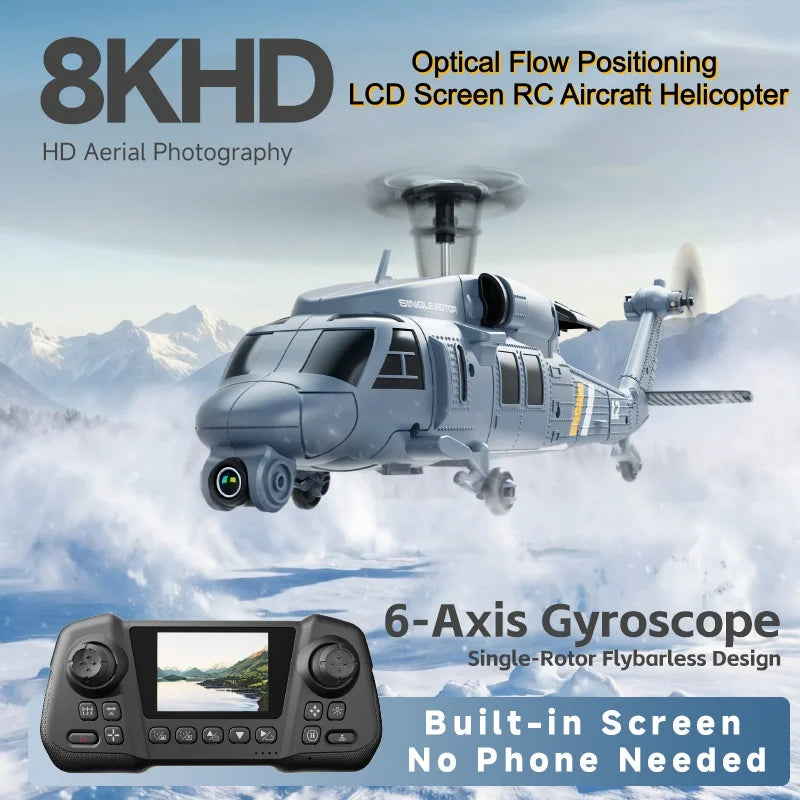8K HD Camera RC Helicopter With LCD Screen Optical Flow Positioning One Key Takeoff WIFI FPV RC Airplane Single-Rotor Flybarless