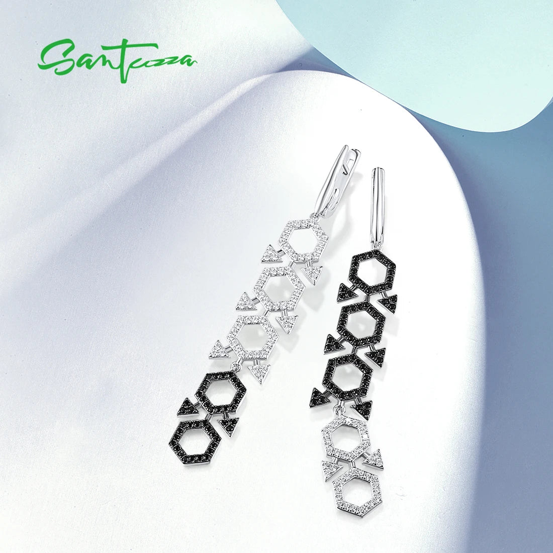 SANTUZZA Pure 925 Sterling Silver Earrings For Women Sparkling White CZ Black Spinel Geometric Long Dangling Fine Trend Jewelry